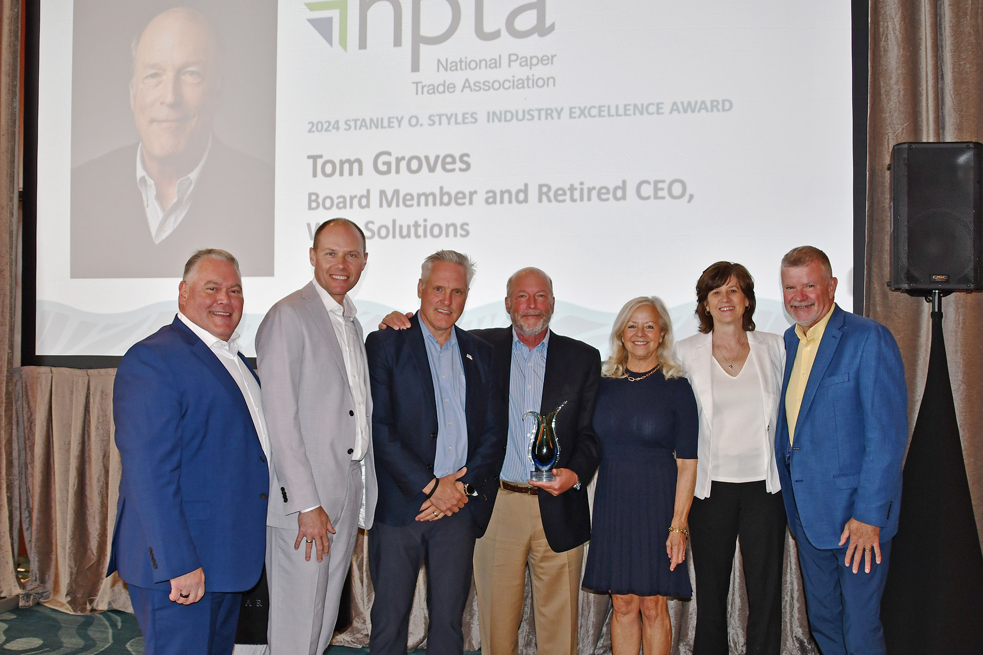 Tom Groves receiving the NPTA Stanley O. Styles Industry Excellence Award at Paper Meets Live! 2024